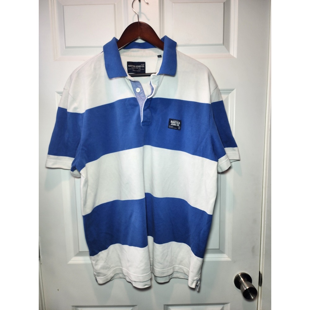 Nautica Jeans Co Mens XXL Blue White Striped Pique Polo Shirt Short Sleeve